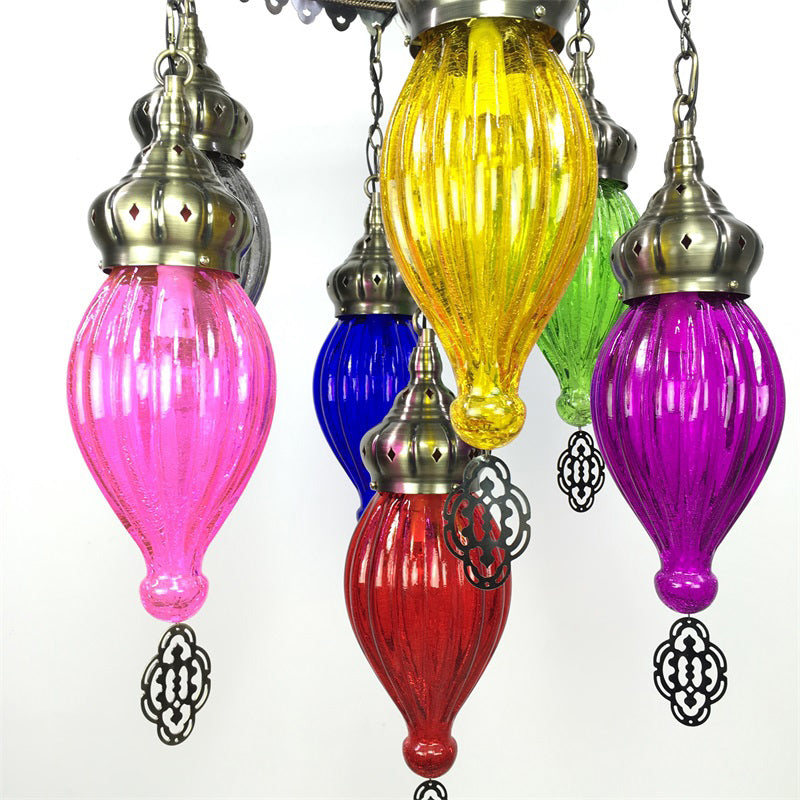 Tradition Urn Ceiling Chandelier - Colorful Glass 7 Bulbs Bronze Finish