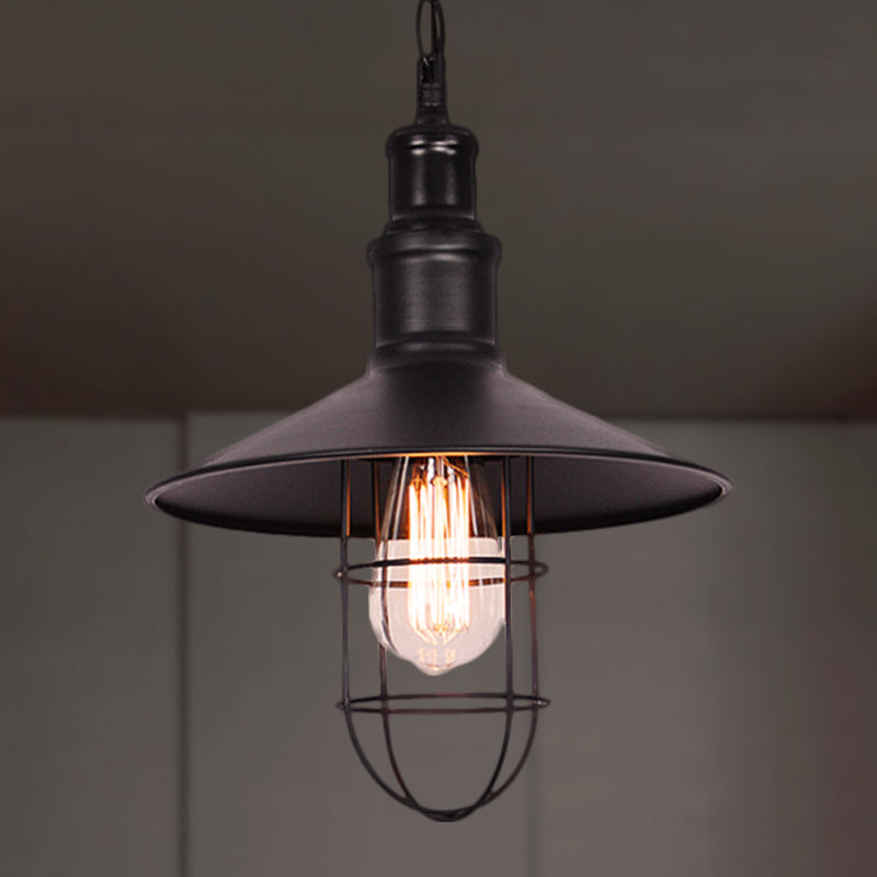 Conic Shade Suspension Light With Wire Guard - Nautical Black Pendant Lighting