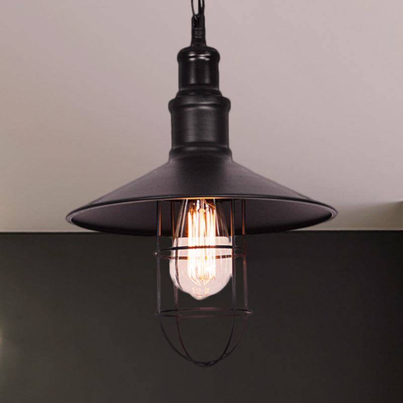 Conic Shade Suspension Light With Wire Guard - Nautical Black Pendant Lighting