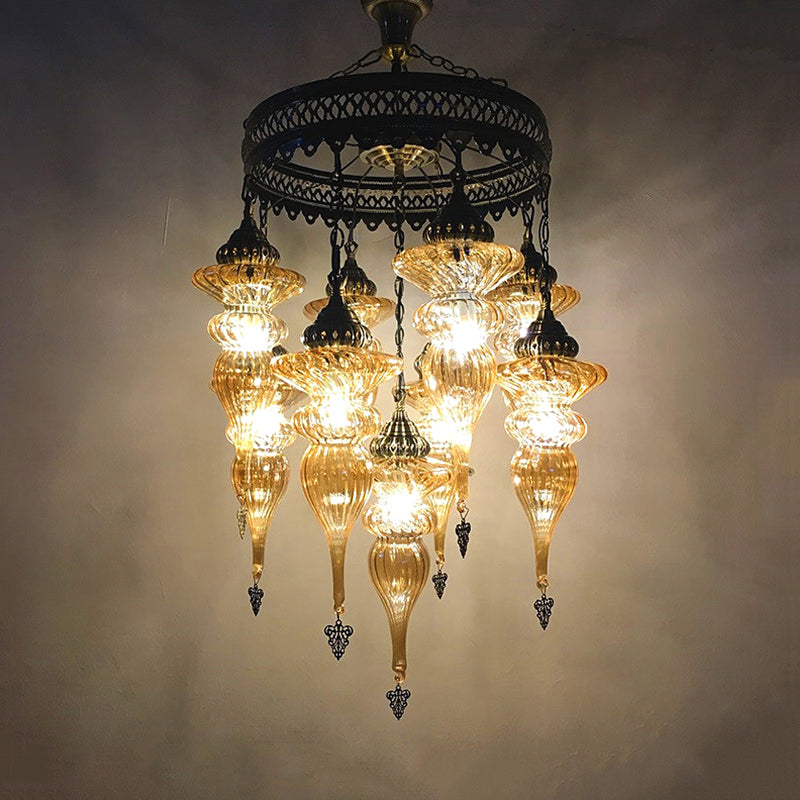 Bronze Traditional Curved Chandelier With Colorful Glass - 9 Bulb Suspension Light