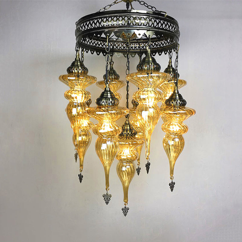 Bronze Traditional Curved Chandelier With Colorful Glass - 9 Bulb Suspension Light