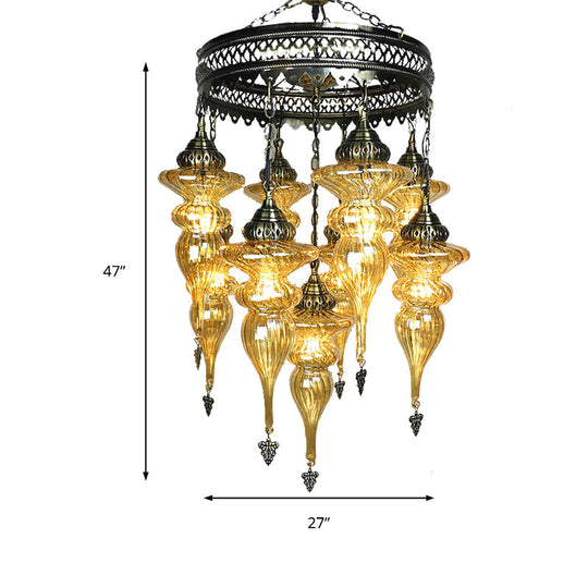 Bronze Traditional Curved Chandelier With Colorful Glass - 9 Bulb Suspension Light