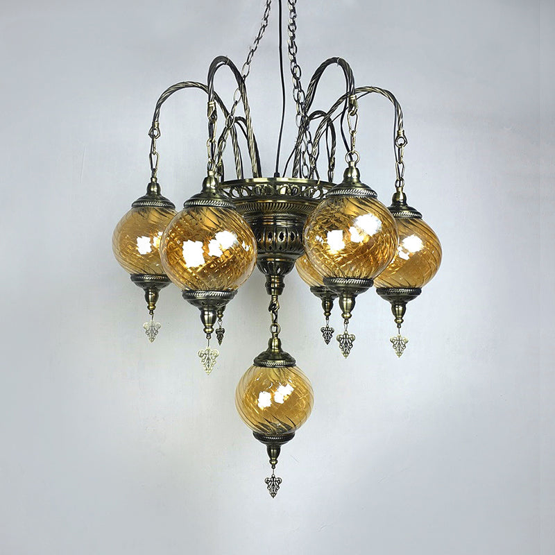 Vintage Amber Swirl Glass Globe Chandelier - Coffee House Pendant Light Fixture