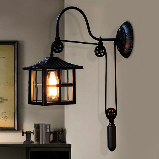 Farmhouse-Style Metal Wall Lamp With Pulley And 1 Light - Square/Rectangle Cage Indoor Décor In