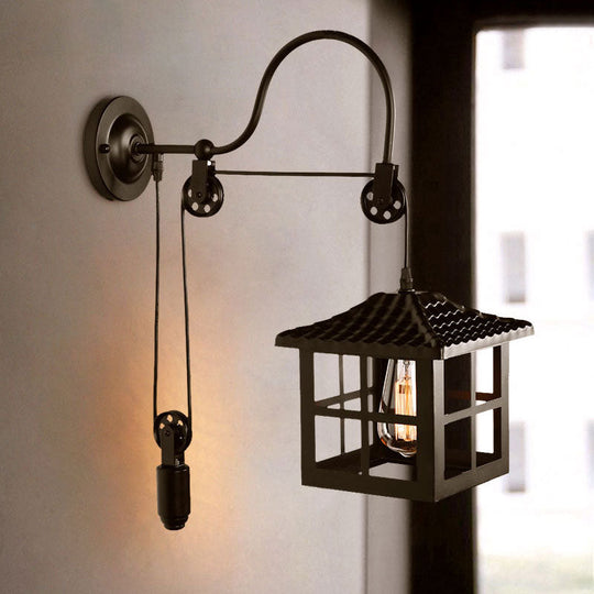 Farmhouse-Style Metal Wall Lamp With Pulley And 1 Light - Square/Rectangle Cage Indoor Décor In