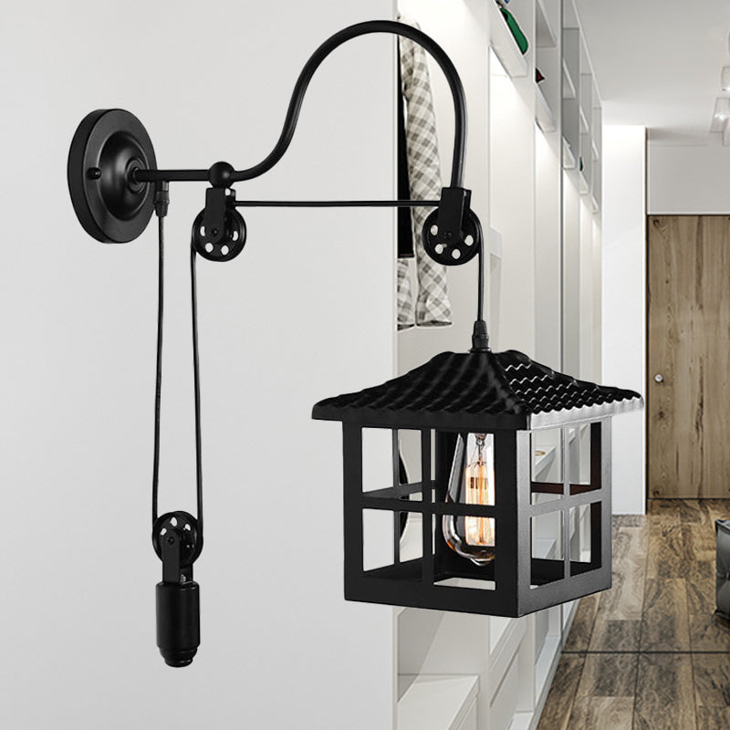 Farmhouse-Style Metal Wall Lamp With Pulley And 1 Light - Square/Rectangle Cage Indoor Décor In