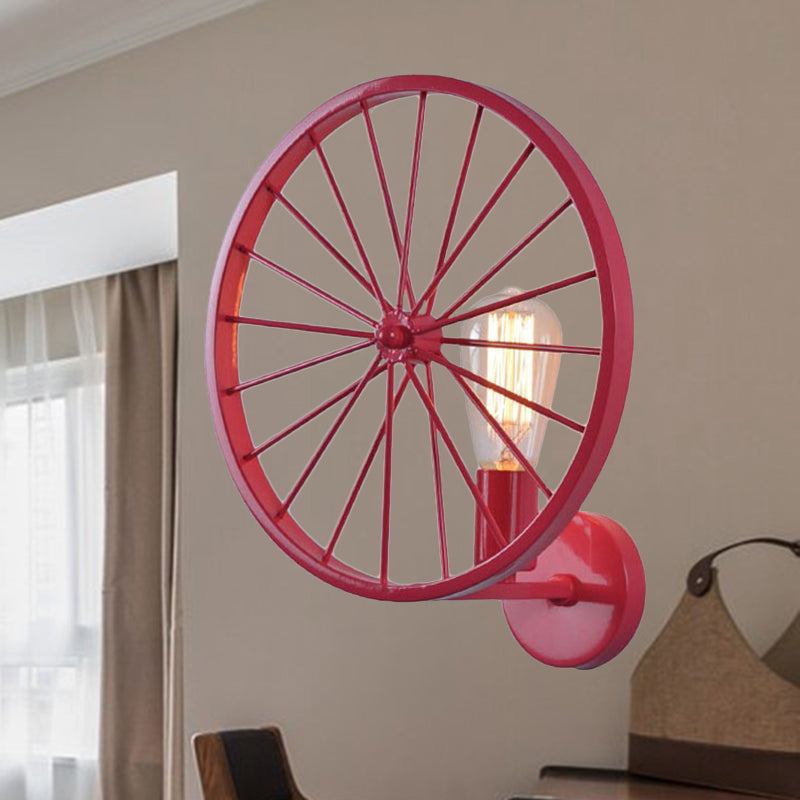 Industrial Style Bare Bulb Wall Lamp With Wheel Design - Modern Metal 1 Light Black/White/Red