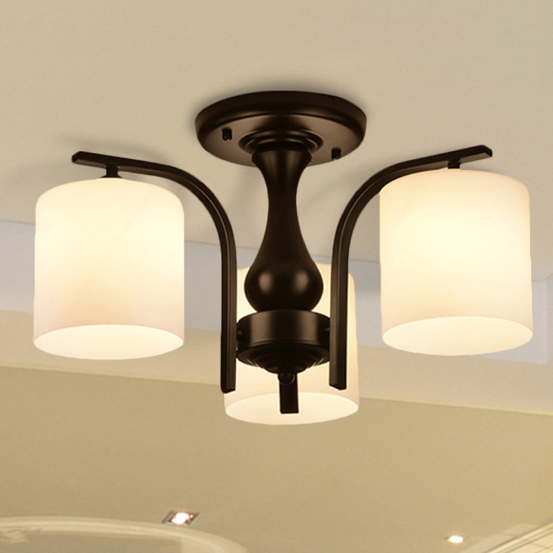 Traditional Black Semi Flush Mount Ceiling Light with Frosted Cylinder Glass Shades - Ideal for Bedrooms