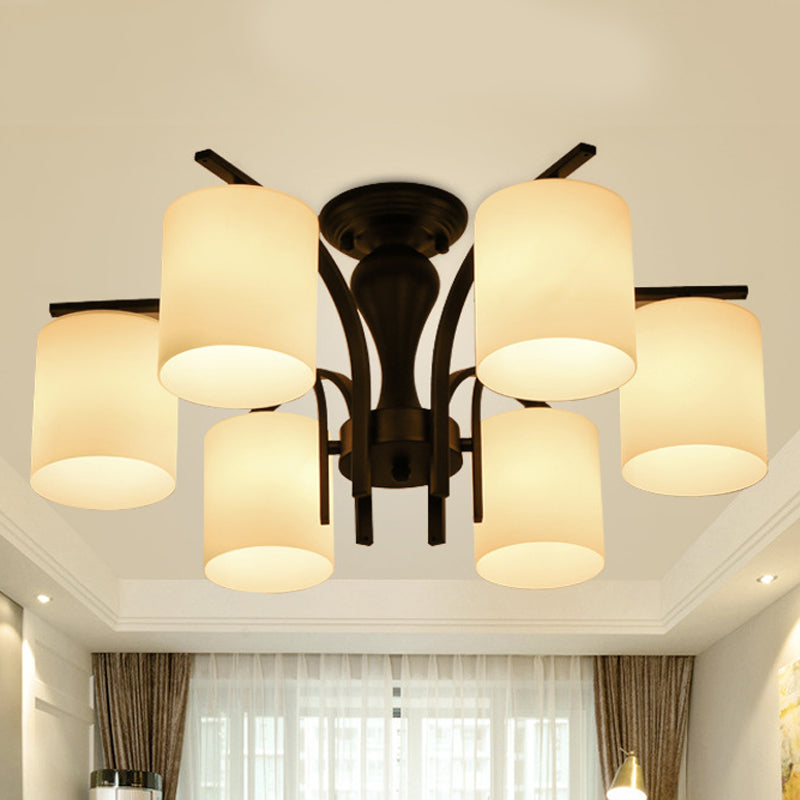 Traditional Black Semi Flush Mount Ceiling Light with Frosted Cylinder Glass Shades - Ideal for Bedrooms