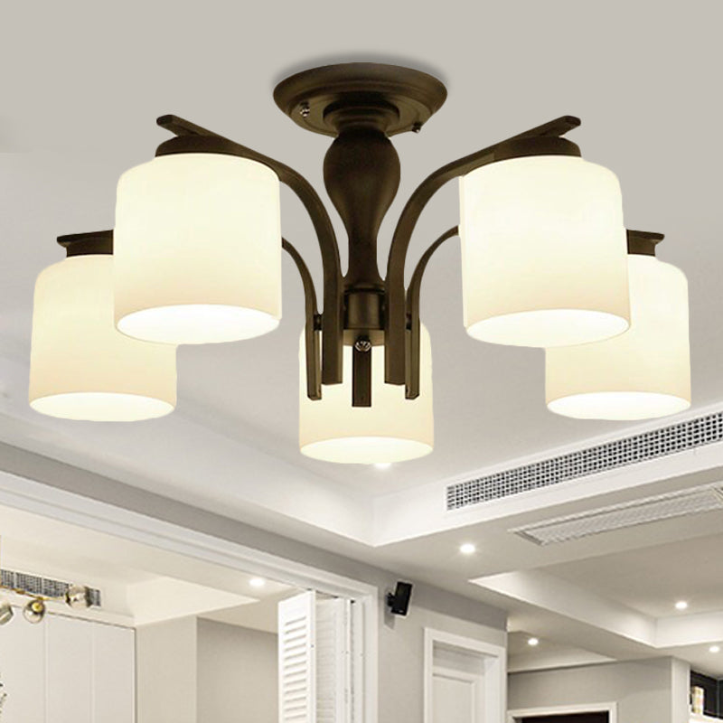 Traditional Black Semi Flush Mount Ceiling Light with Frosted Cylinder Glass Shades - Ideal for Bedrooms