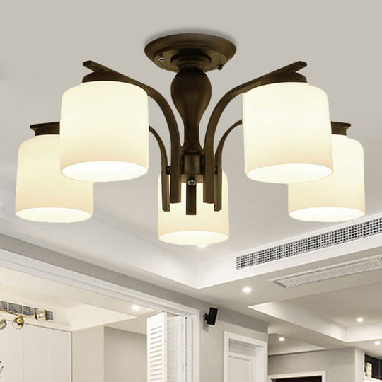 Traditional Black Semi Flush Mount Ceiling Light With Frosted Cylinder Glass Shades - Ideal For