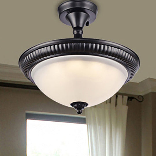 Traditional Frosted Glass LED Black Ceiling Light for Living Room - Bowl Semi Mount Lighting with Warm/White Light