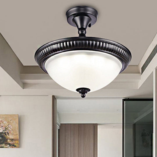 Traditional Frosted Glass LED Black Ceiling Light for Living Room - Bowl Semi Mount Lighting with Warm/White Light