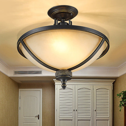 Traditional Black Domed Bedroom Semi Flush Mount Light with 3 Frosted Glass Lights