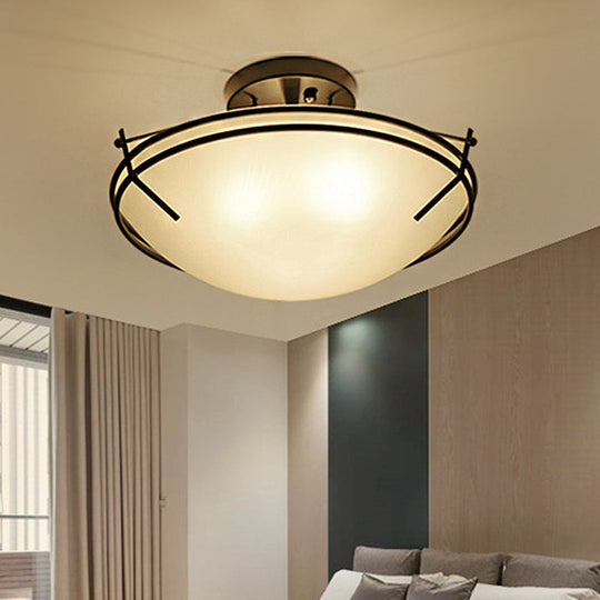 Frosted Glass Semi Flush Ceiling Light Fixture - Traditional 3-Light Bowl Design in Black