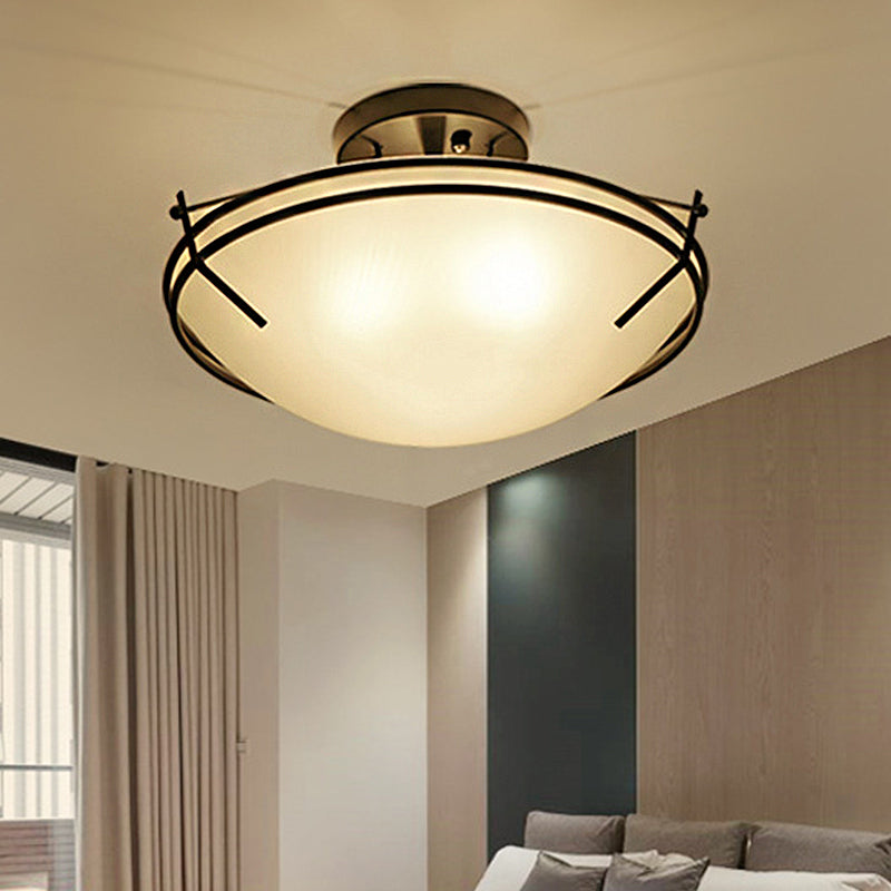 Frosted Glass Semi Flush Ceiling Light Fixture - Traditional 3-Light Bowl Design In Black