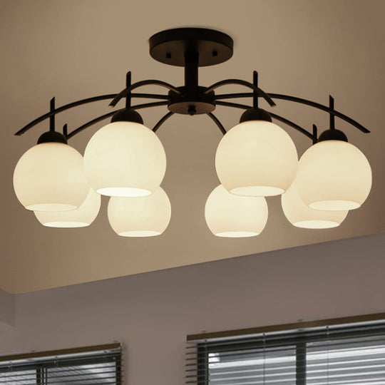 Globe White Glass Semi Flush Traditional Living Room Ceiling Light Fixture in Black with 3/5/6 Lights