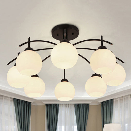 Globe White Glass Semi Flush Traditional Living Room Ceiling Light Fixture in Black with 3/5/6 Lights