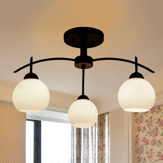 Globe White Glass Semi Flush Traditional Living Room Ceiling Light Fixture in Black with 3/5/6 Lights