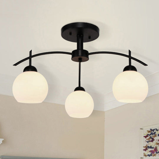 Globe White Glass Semi Flush Traditional Living Room Ceiling Light Fixture in Black with 3/5/6 Lights