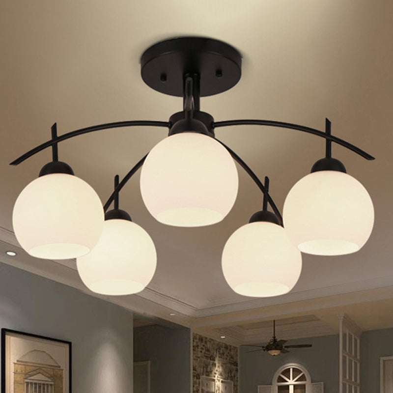 Globe White Glass Semi Flush Traditional Living Room Ceiling Light Fixture in Black with 3/5/6 Lights