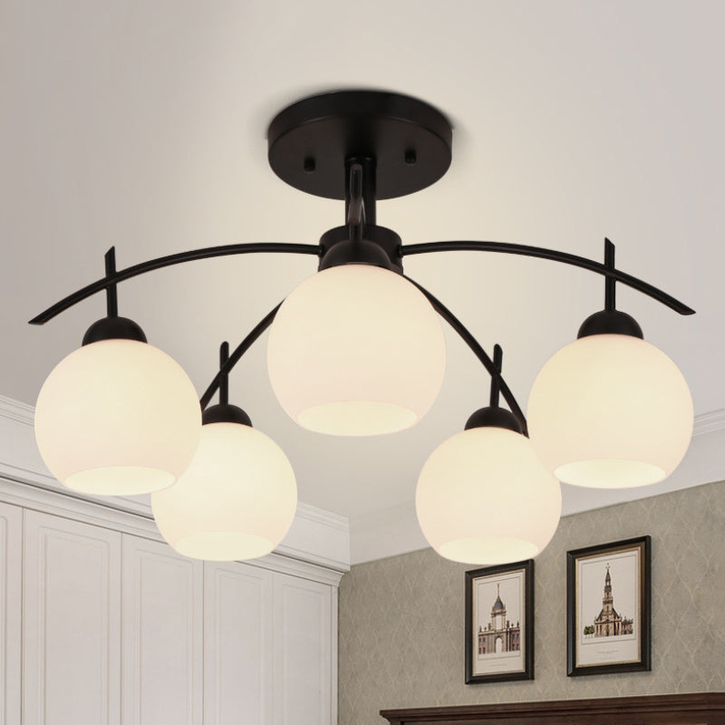 Globe White Glass Semi Flush Traditional Living Room Ceiling Light Fixture in Black with 3/5/6 Lights