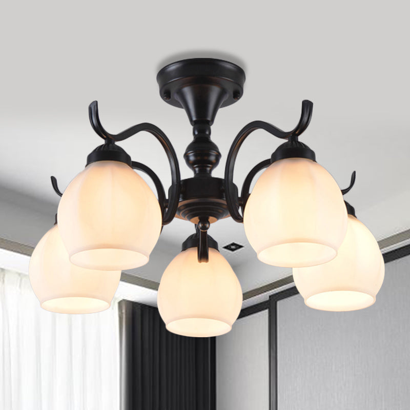 Traditional Semi Flush Ceiling Lamp in Black Bubble Shape, White Glass, 3/5/6 Lights - Ideal for Living Room