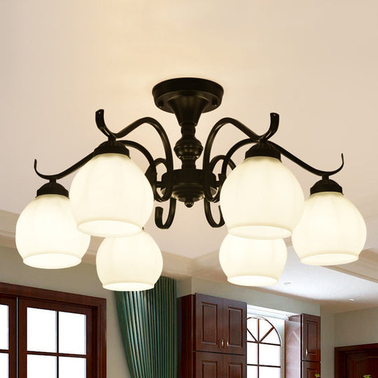 Traditional Semi Flush Ceiling Lamp in Black Bubble Shape, White Glass, 3/5/6 Lights - Ideal for Living Room