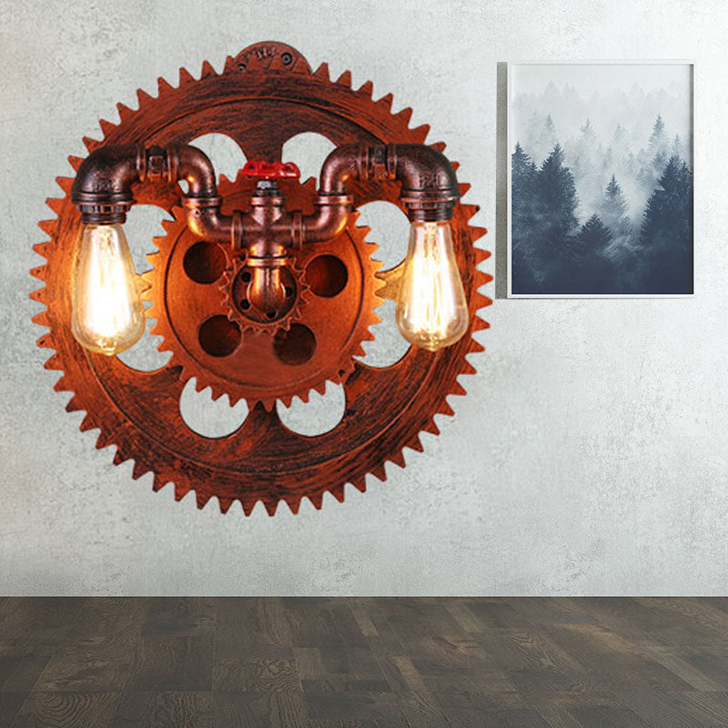 Vintage Style 2-Light Farmhouse Wall Sconce With Iron Exposed Bulbs Copper Finish And Gear