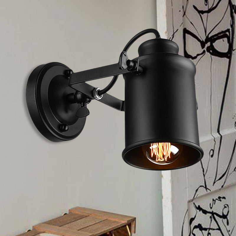 Rotatable Wall Mount Industrial Sconce Light: 1-Light Metal Shade In Black