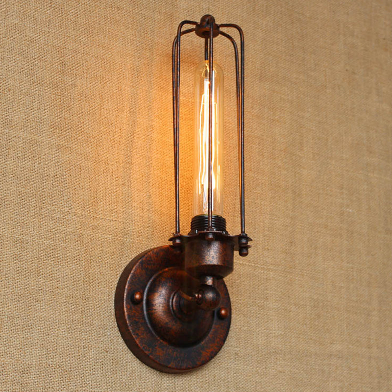 Industrial Black/Rust Metal Wall Sconce With Linear Cage Design For Living Room