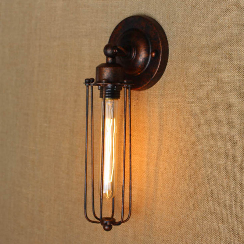 Industrial Black/Rust Metal Wall Sconce With Linear Cage Design For Living Room