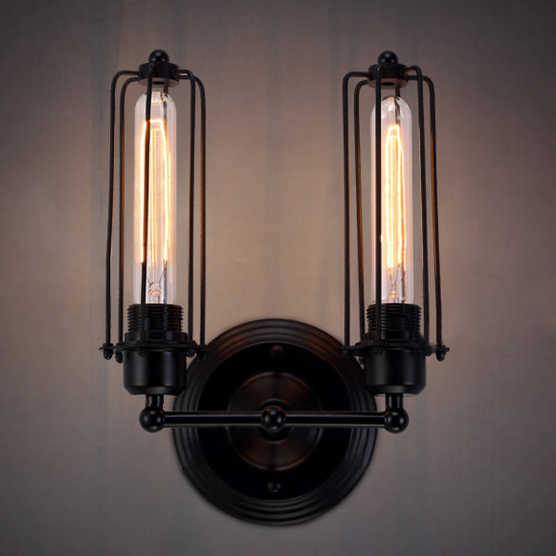 Industrial Black/Rust Metal Wall Sconce With Linear Cage Design For Living Room