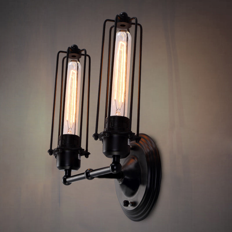 Industrial Black/Rust Metal Wall Sconce With Linear Cage Design For Living Room