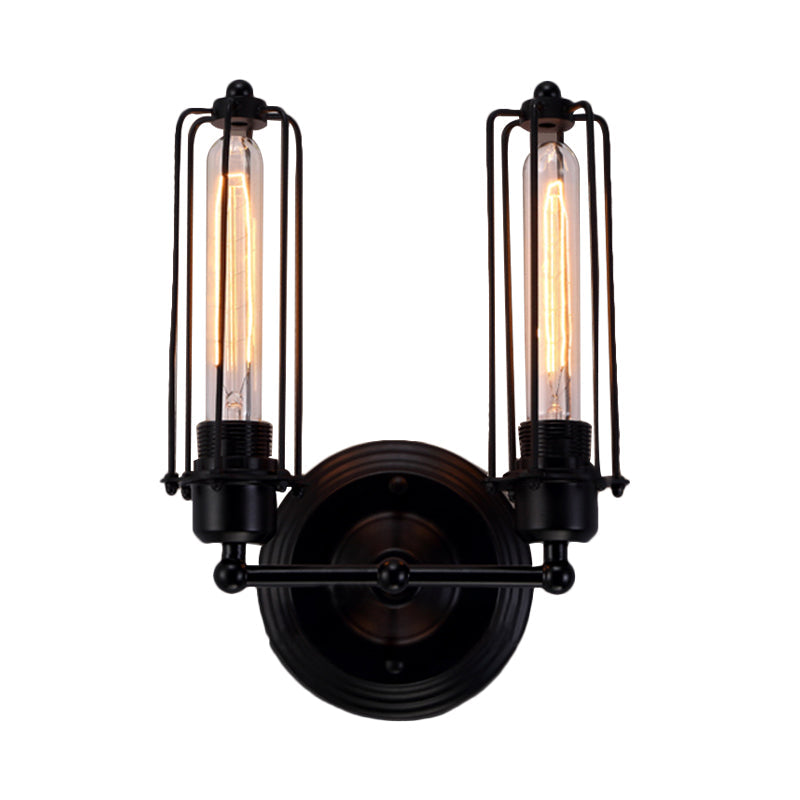 Industrial Black/Rust Metal Wall Sconce With Linear Cage Design For Living Room