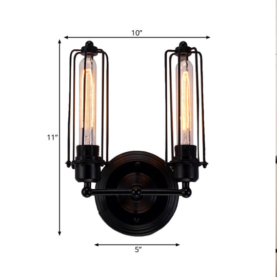 Industrial Black/Rust Metal Wall Sconce With Linear Cage Design For Living Room