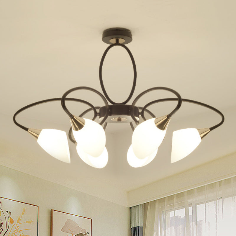 Traditional Oval White Glass Semi Flush Mount Ceiling Light With 6/8 Lights - Black Finish For