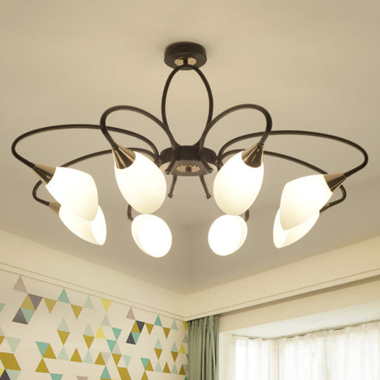 Traditional Oval White Glass Semi Flush Mount Ceiling Light with 6/8 Lights - Black Finish for Living Room