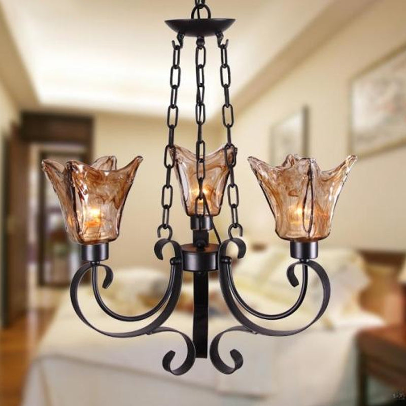 Classic Amber Glass Chandelier Pendant Light - 3/6/8 Bulb Scroll Ceiling Lamp Flower Shade For