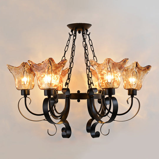 Classic Amber Glass Chandelier Pendant Light - 3/6/8 Bulb Scroll Ceiling Lamp Flower Shade For