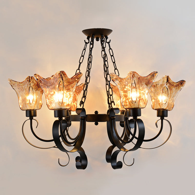 Classic Amber Glass Chandelier Pendant Light - 3/6/8 Bulb Scroll Ceiling Lamp Flower Shade For