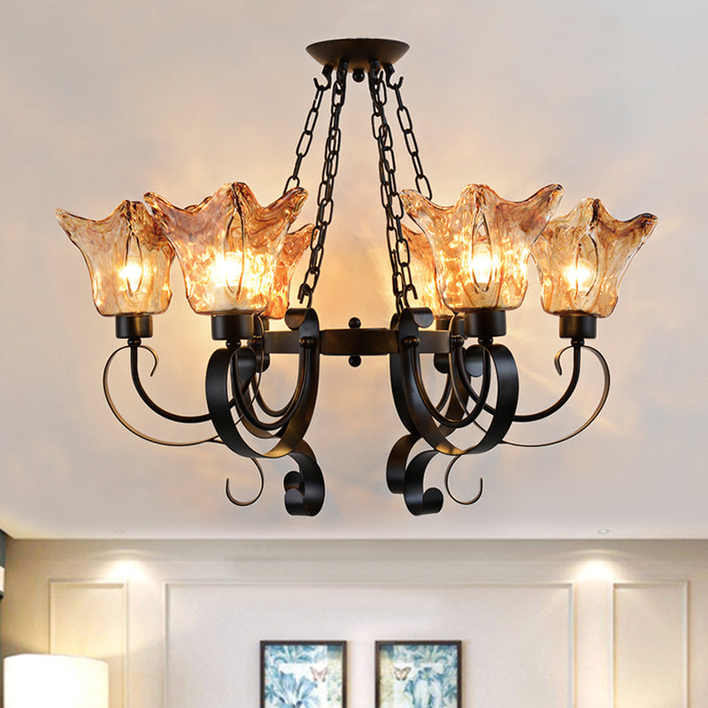 Classic Amber Glass Chandelier Pendant Light - 3/6/8 Bulb Scroll Ceiling Lamp Flower Shade For