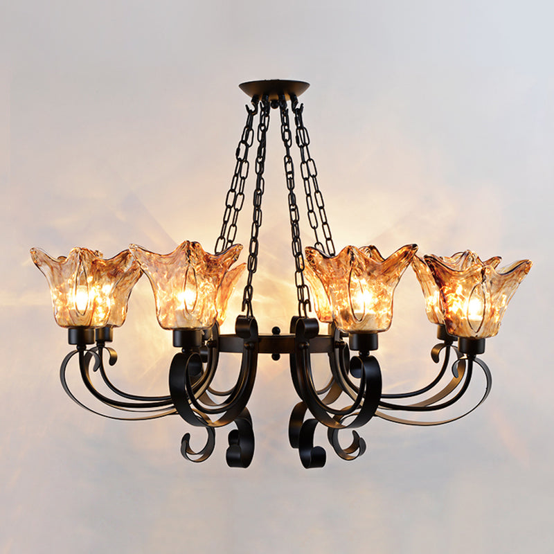 Classic Amber Glass Chandelier Pendant Light - 3/6/8 Bulb Scroll Ceiling Lamp Flower Shade For