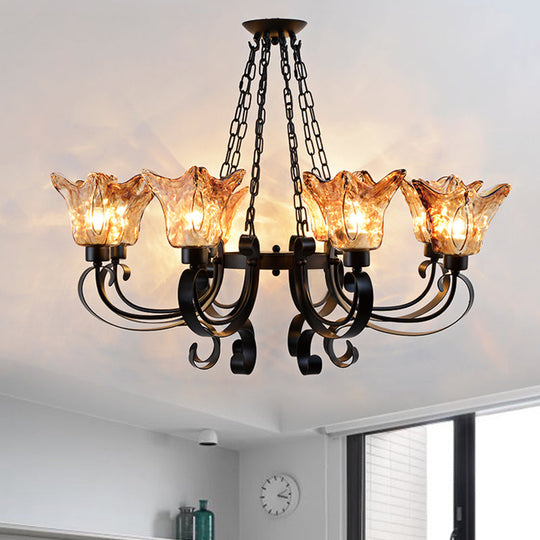 Classic Amber Glass Chandelier Pendant Light - 3/6/8 Bulb Scroll Ceiling Lamp Flower Shade For