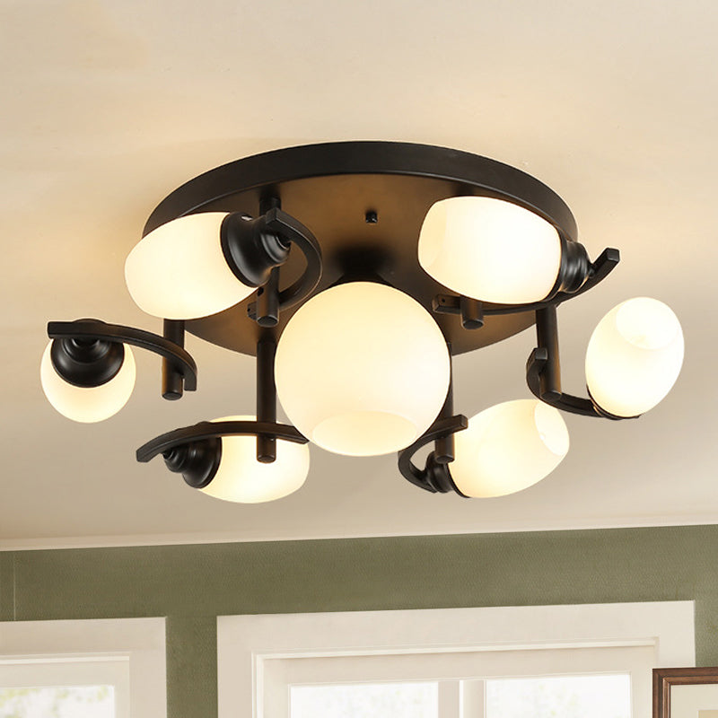 Traditional Oval Glass Ceiling Light Fixture with 3/5/7 White Lights - Black Finish for Living Room