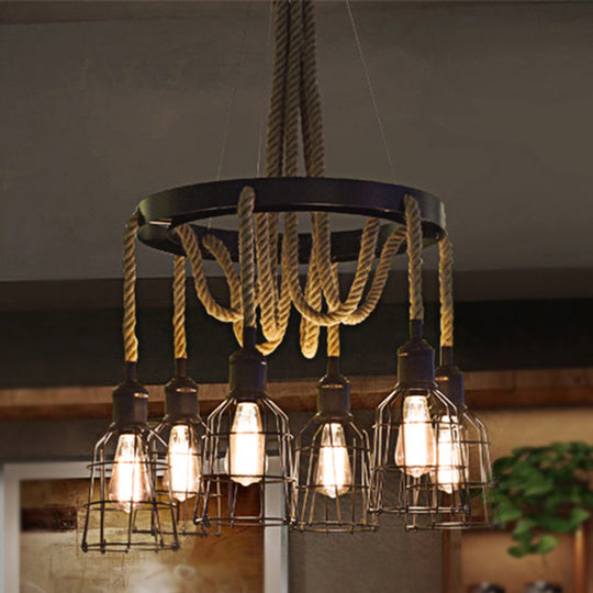 Vintage Style Black Multi-Light Chandelier Pendant with Rope Detail - Metal Global/Bell Cage Lamp