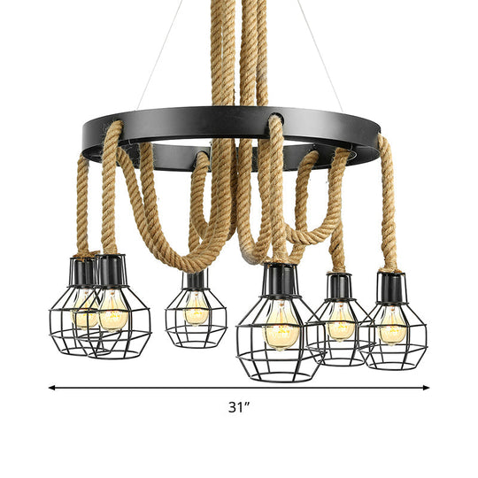 Vintage Style Black Metal Chandelier Pendant With Multi Lights And Rope - Global/Bell Cage Design