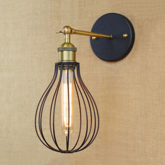 Industrial Black Metal Mini Wall Light Fixture For Bedroom - Cylinder/Teardrop Caged Mount Lighting