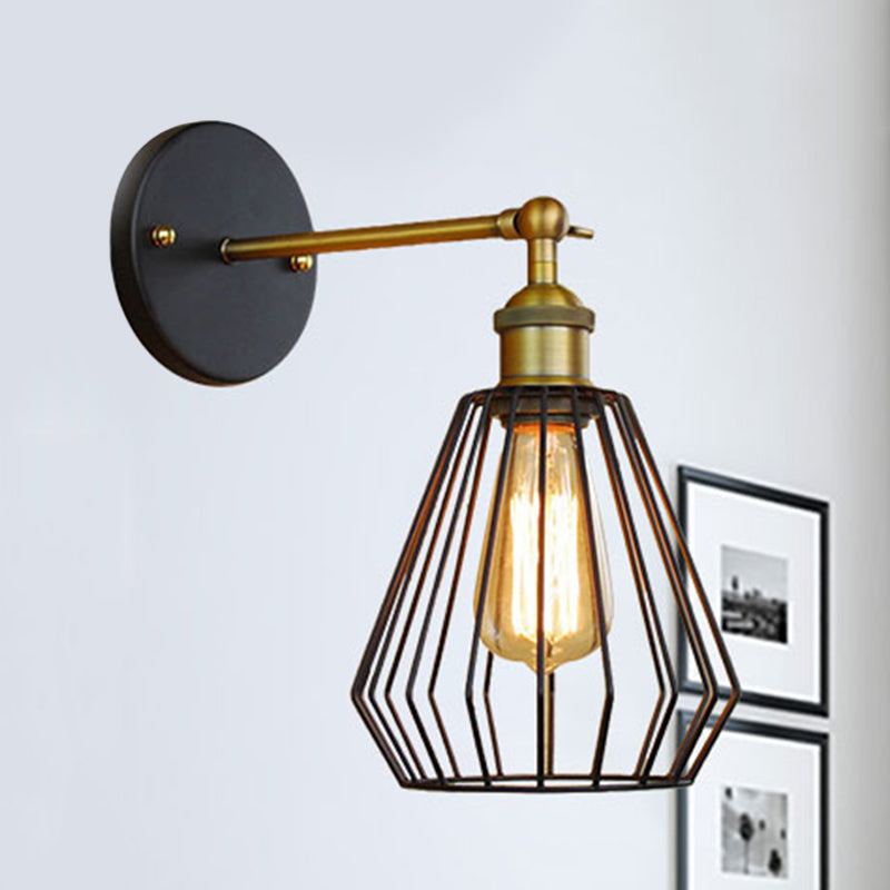 Industrial Black Metal Mini Wall Light Fixture For Bedroom - Cylinder/Teardrop Caged Mount Lighting