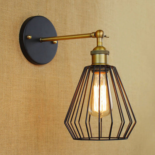 Industrial Black Metal Mini Wall Light Fixture For Bedroom - Cylinder/Teardrop Caged Mount Lighting